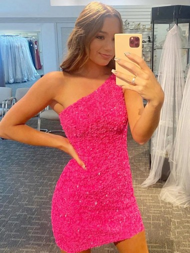 Buy Short One Shoulder Sleeveless Velvet Sequin Homecoming Dress / Prom Dress UK