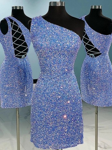 Buy Short Velvet Sequin One Shoulder Sleeveless Homecoming Dress / Prom Dress UK