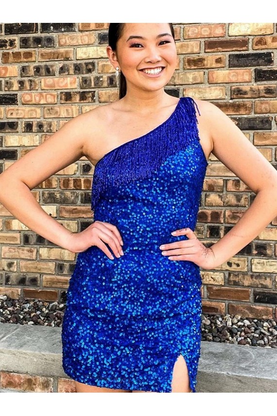 Buy One Shoulder Sleeveless Short Velvet Sequin Royal Blue Homecoming Dress / Prom Dress UK