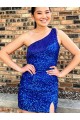 Buy One Shoulder Sleeveless Short Velvet Sequin Royal Blue Homecoming Dress / Prom Dress UK