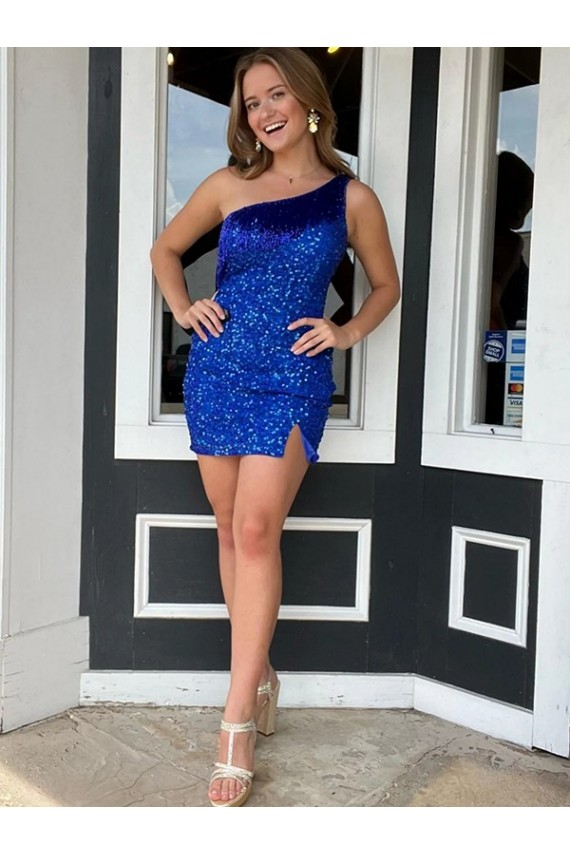 Buy One Shoulder Sleeveless Short Velvet Sequin Royal Blue Homecoming Dress / Prom Dress UK