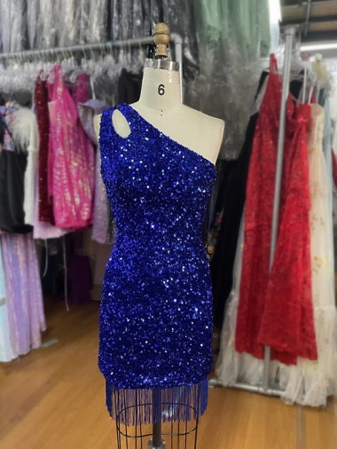 Buy One Shoulder Keyhole Sleeveless Short Velvet Sequin Homecoming Dress / Prom Dress UK