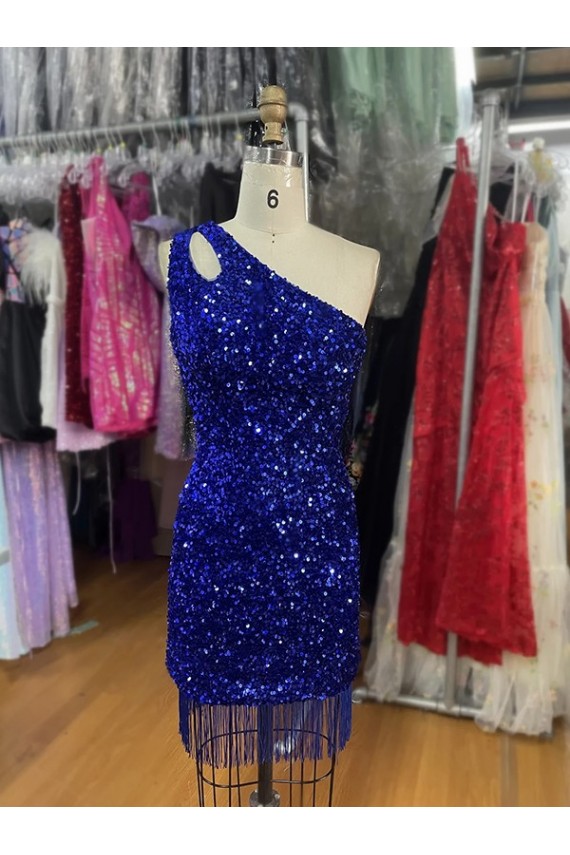 Buy One Shoulder Keyhole Sleeveless Short Velvet Sequin Homecoming Dress / Prom Dress UK