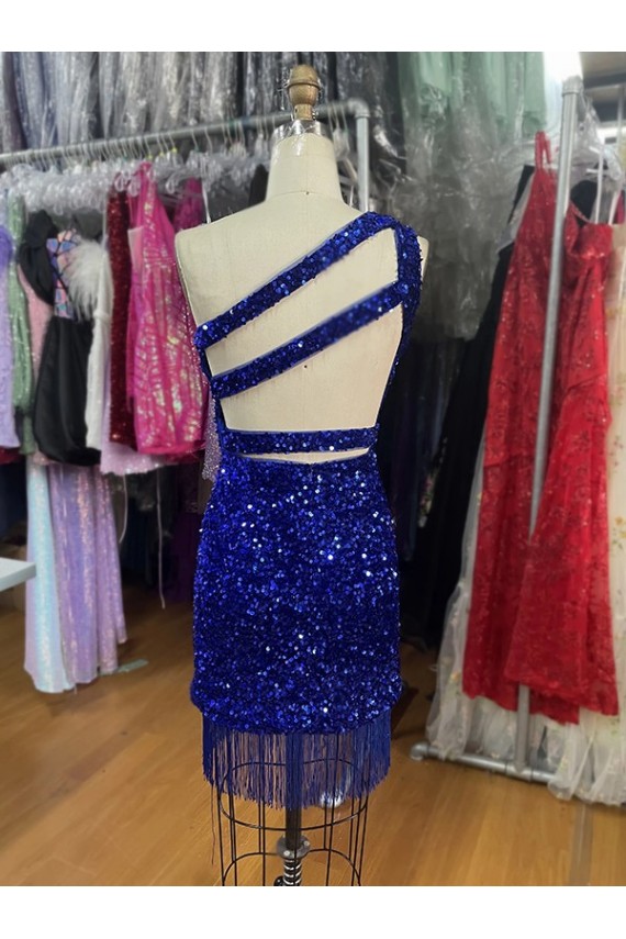 Buy One Shoulder Keyhole Sleeveless Short Velvet Sequin Homecoming Dress / Prom Dress UK
