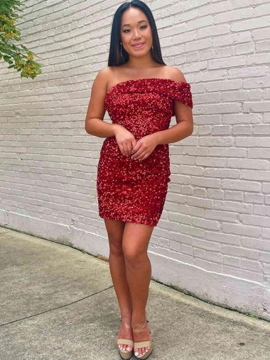Buy Short One Shoulder Sleeveless Velvet Sequin Cocktail Homecoming Dress / Prom Dress UK