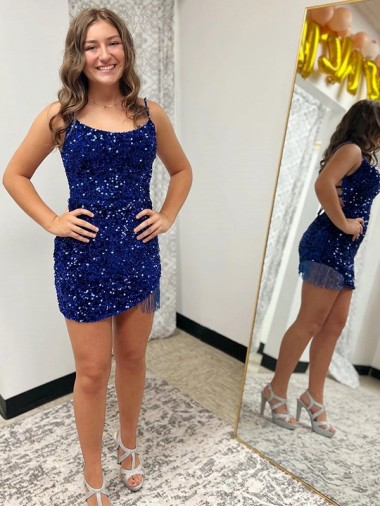 Buy Spaghetti Straps Backless Sleeveless Short Velvet Sequin Homecoming Dress / Prom Dress UK