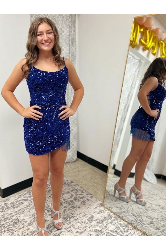Buy Spaghetti Straps Backless Sleeveless Short Velvet Sequin Homecoming Dress / Prom Dress UK