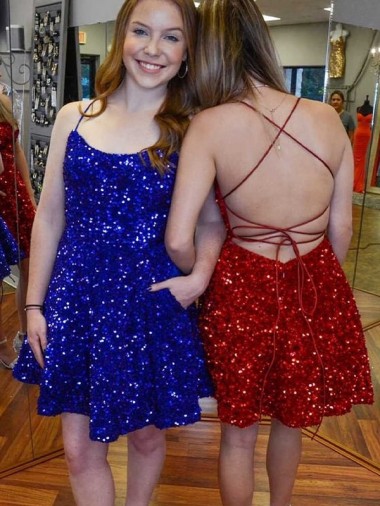 Buy A-Line Spaghetti Straps Sleeveless Short Velvet Sequin Homecoming Dress / Prom Dress UK