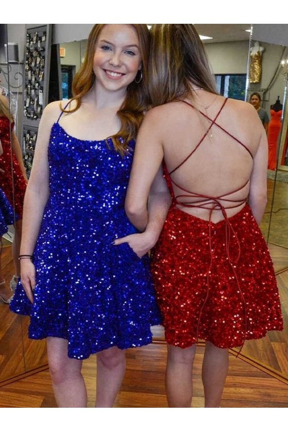 Buy A-Line Spaghetti Straps Sleeveless Short Velvet Sequin Homecoming Dress / Prom Dress UK