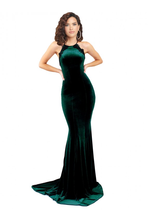 Buy High Neck Formal Stretch Velvet Bridesmaid Dress / Prom Dress with Black Lace Embroidery UK