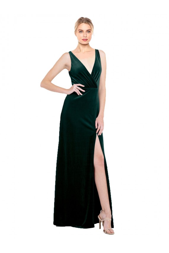 Buy Sleek V-Neck Long Formal Velvet Bridesmaid Dress / Prom Dress with Side Slit UK