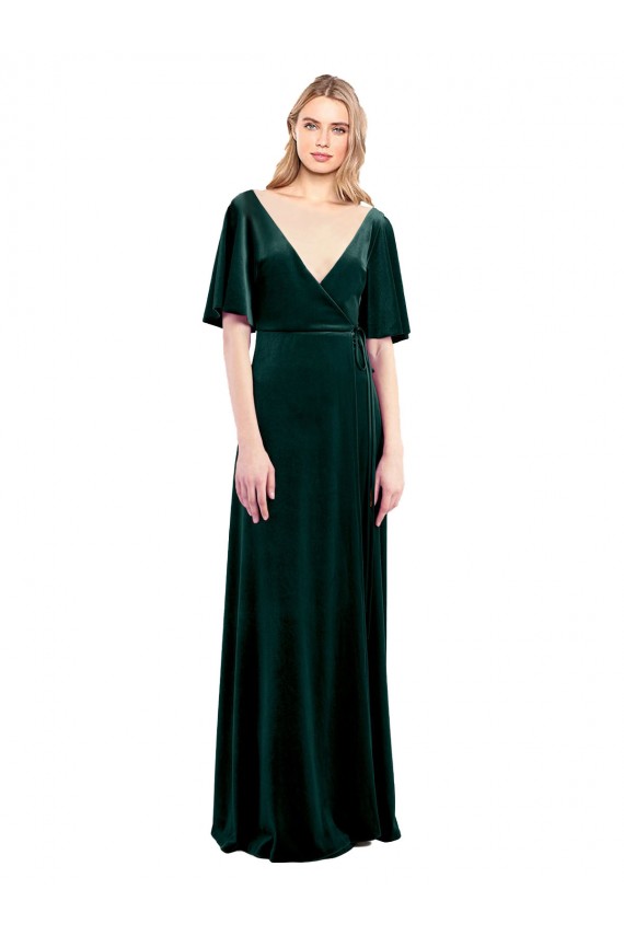 Buy Deep V-Neck Flutter Sleeves Long Velvet Wrap Bridesmaid Dress / Prom Dress UK