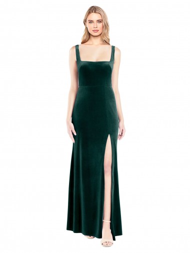 Buy Square Neck Full Length Velvet Bridesmaid Dress / Prom Dress with Side Slit UK