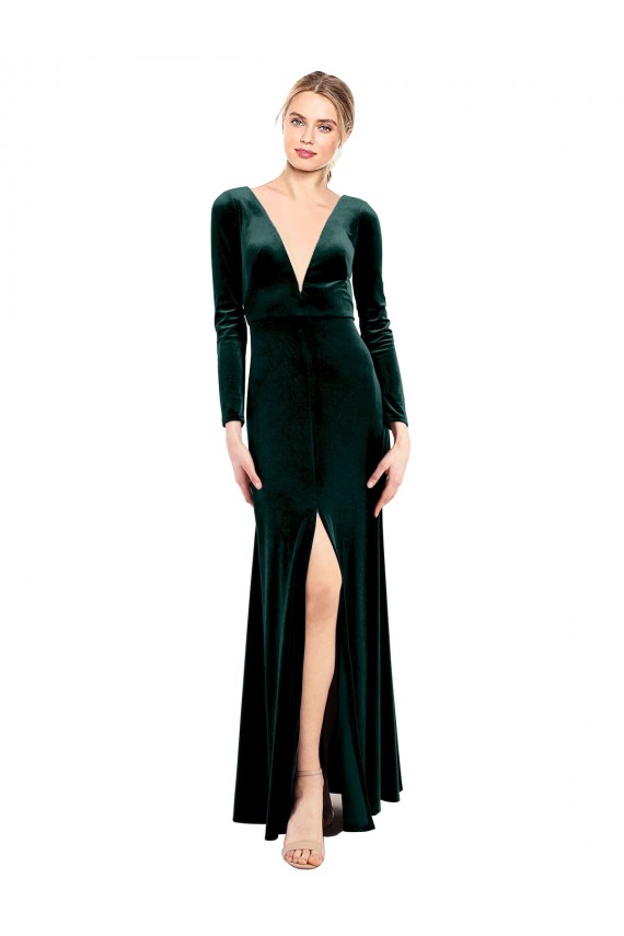 Buy Plunging V-Neckline Long Sleeves Open Back Velvet Bridesmaid Dress / Prom Dress UK