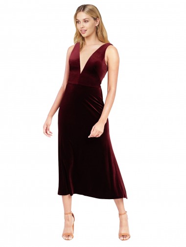 Buy Daring Plunging V-Neckline Short Midi Cocktail Length Velvet Bridesmaid Dress / Prom Dress UK
