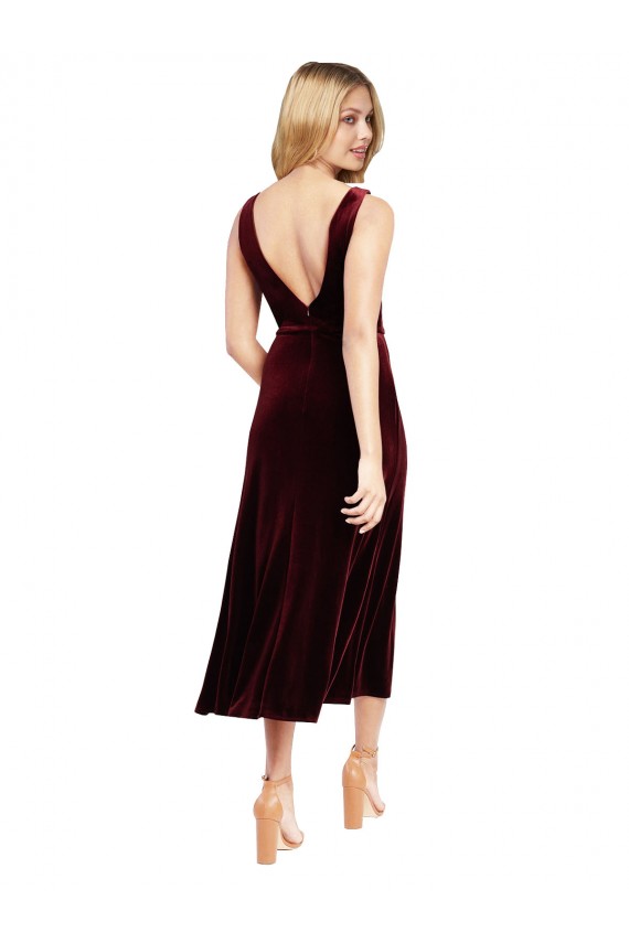 Buy Daring Plunging V-Neckline Short Midi Cocktail Length Velvet Bridesmaid Dress / Prom Dress UK