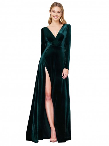 Buy Deep V-Neck Long Sleeves Formal Velvet Bridesmaid Dress / Prom Dress with High Side Split UK