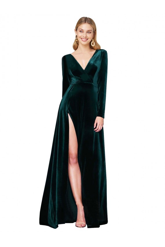 Buy Deep V-Neck Long Sleeves Formal Velvet Bridesmaid Dress / Prom Dress with High Side Split UK