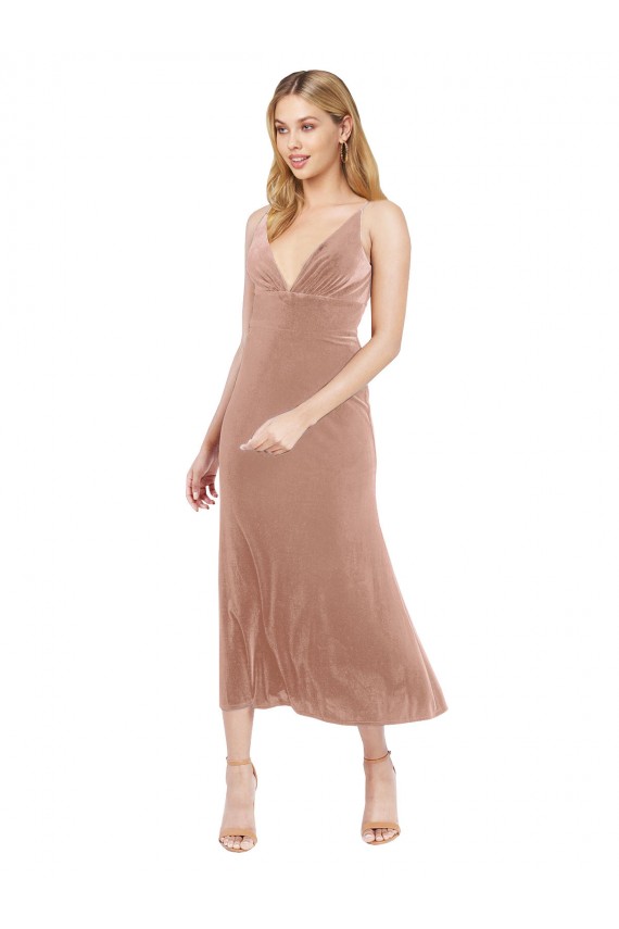 Buy Midi Cocktail Length Short V-Neck Velvet Bridesmaid Dress / Prom Dress with Notched Neckline UK