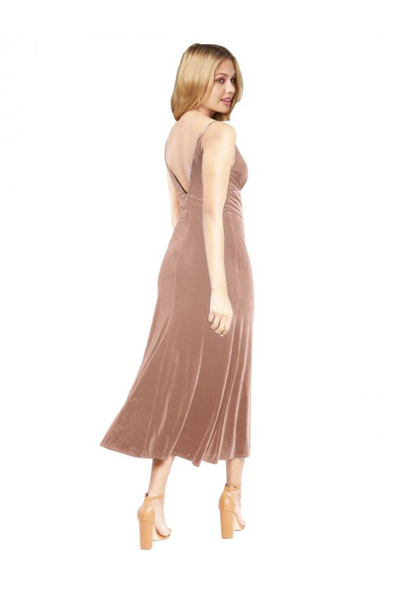 Buy Midi Cocktail Length Short V-Neck Velvet Bridesmaid Dress / Prom Dress with Notched Neckline UK