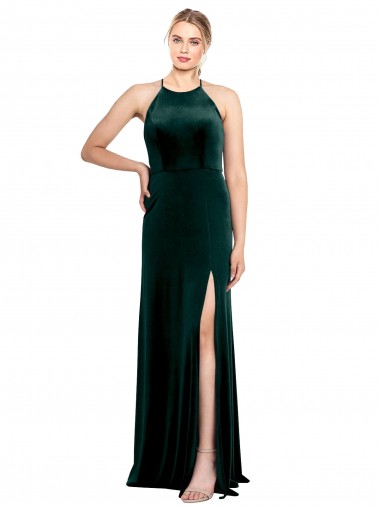 Buy Long Jewel Neck Full Length Velvet Bridesmaid Dress / Prom Dress with Side Slit UK