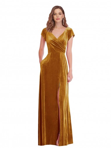 Buy Cap Sleeve Faux Wrap Formal Velvet Maxi Bridesmaid Dress / Prom Dress with Pockets UK
