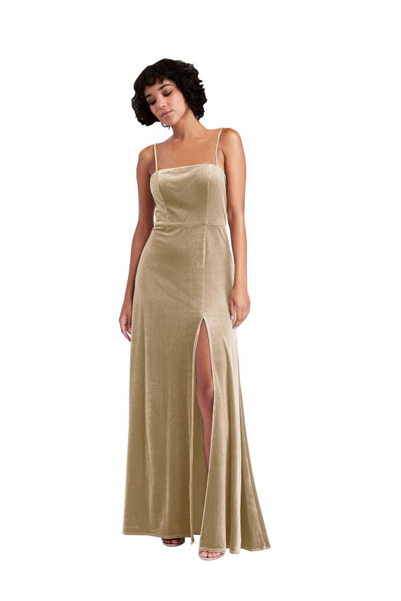 Buy Square Neck Formal Velvet Maxi Bridesmaid Dress / Prom Dress with Front Slit UK