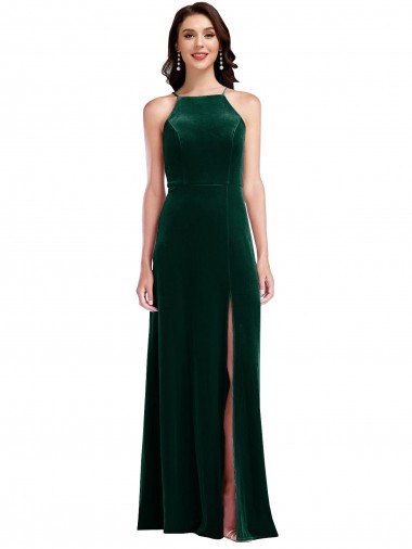Buy Velvet Halter Maxi Bridesmaid Dress / Prom Dress with Front Slit UK