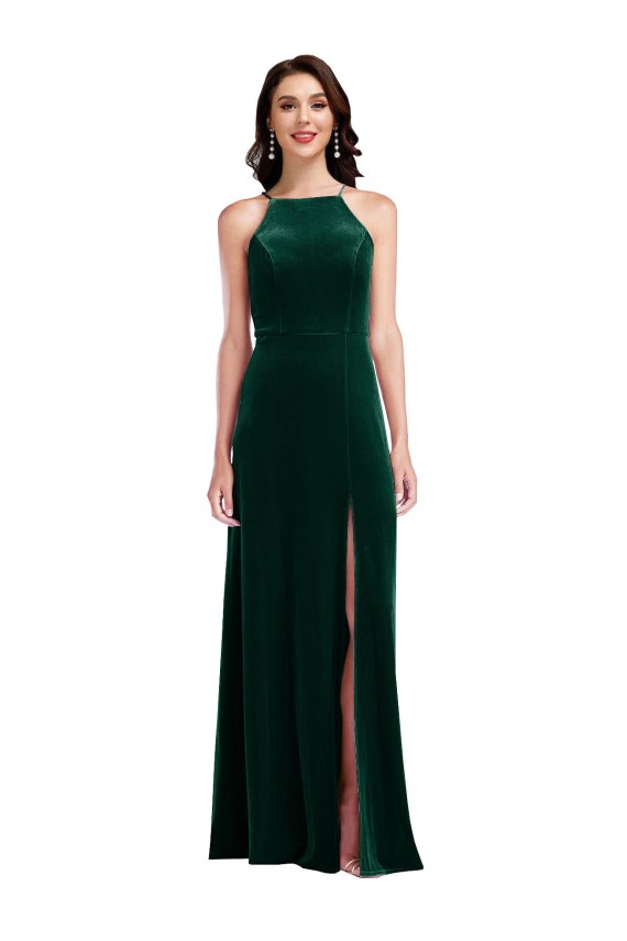 Buy Velvet Halter Maxi Bridesmaid Dress / Prom Dress with Front Slit UK