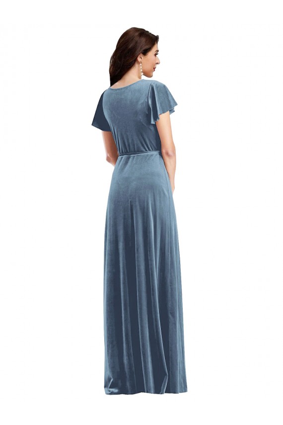 Buy Flutter Sleeve Velvet Wrap Maxi Bridesmaid Dress / Prom Dress with Pockets UK