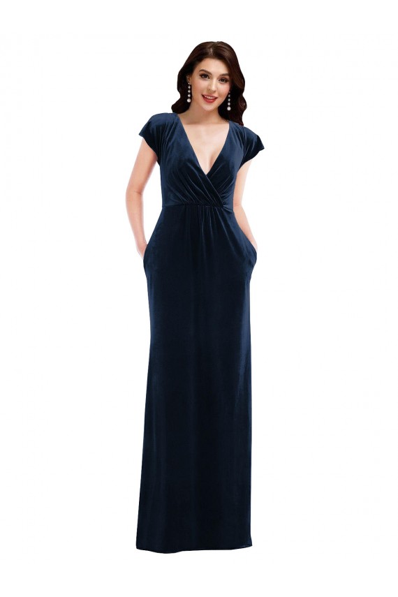 Buy Flutter Sleeve Wrap Bodice Formal Velvet Maxi Bridesmaid Dress / Prom Dress with Pockets UK
