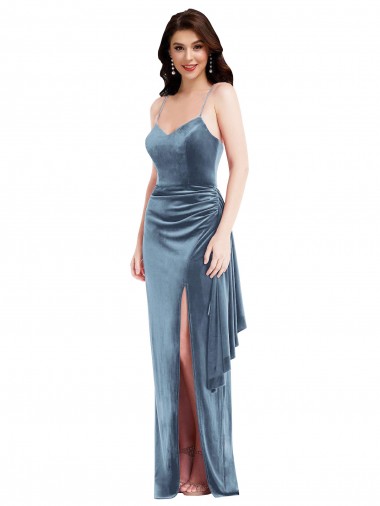 Buy Spaghetti Strap Formal Velvet Maxi Bridesmaid Dress / Prom Dress with Draped Skirt UK