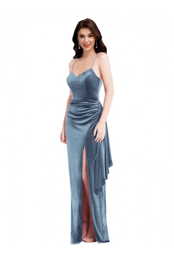 Buy Spaghetti Strap Formal Velvet Maxi Bridesmaid Dress / Prom Dress with Draped Skirt UK