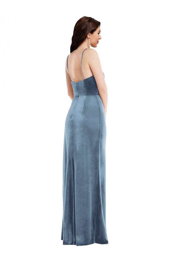 Buy Spaghetti Strap Formal Velvet Maxi Bridesmaid Dress / Prom Dress with Draped Skirt UK