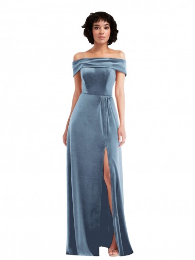 Buy Draped Cuff Off the Shoulder Velvet Maxi Bridesmaid Dress / Prom Dress with Pockets UK