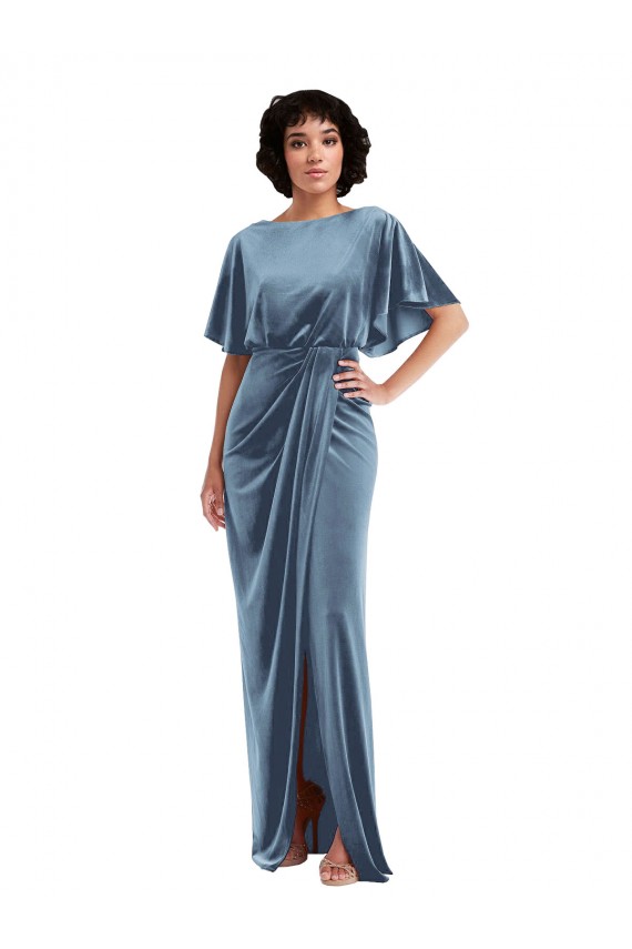 Buy Flutter Sleeve Open Back Velvet Maxi Bridesmaid Dress / Prom Dress with Draped Wrap Skirt UK