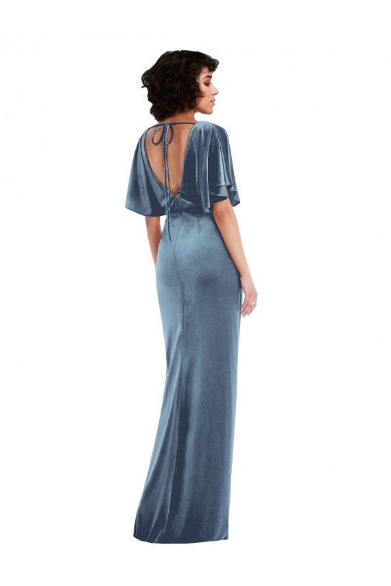 Buy Flutter Sleeve Open Back Velvet Maxi Bridesmaid Dress / Prom Dress with Draped Wrap Skirt UK