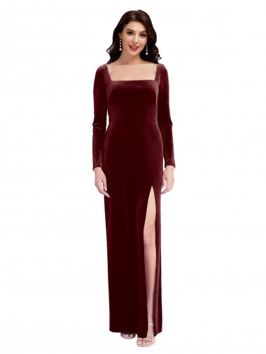 Buy Sleek Square Neck Spaghetti Straps Velvet Bridesmaid Dress / Prom Dress with Side Slit UK