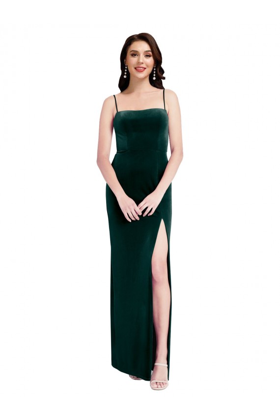 Buy Straight Neckline Spaghetti Straps Long Velvet Bridesmaid Dress / Prom Dress with High Side Slit UK