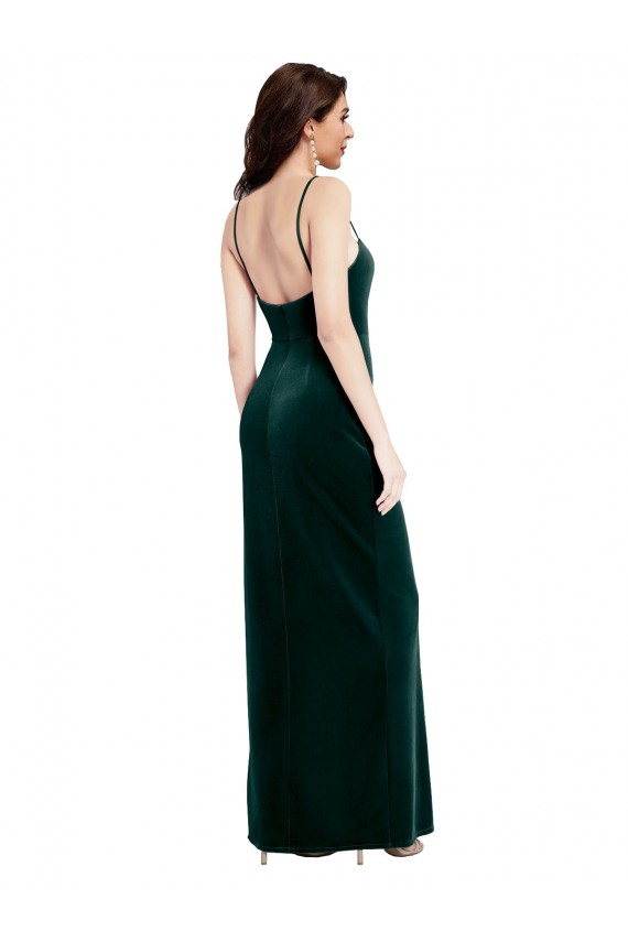 Buy Straight Neckline Spaghetti Straps Long Velvet Bridesmaid Dress / Prom Dress with High Side Slit UK
