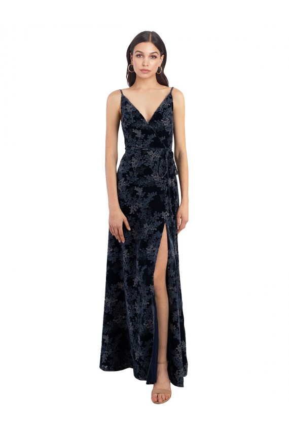 Buy Floral Velvet Surplice V-Neck Long Bridesmaid Dress with V-Back UK