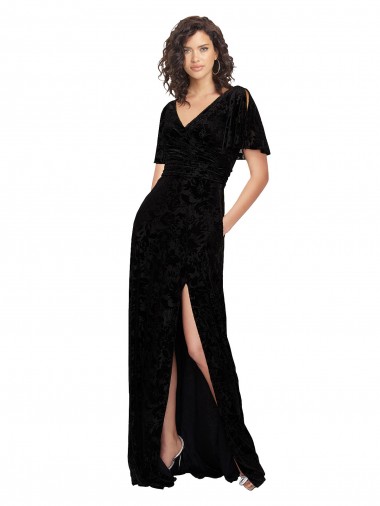 Buy Split Sleeves V-Neck Floral Velvet Bridesmaid Dress with Front Slit UK