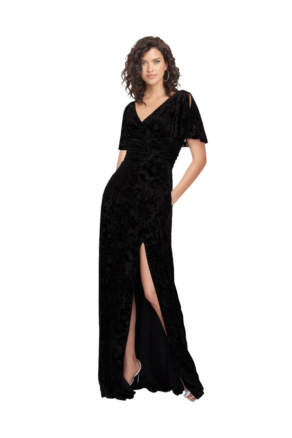 Buy Split Sleeves V-Neck Floral Velvet Bridesmaid Dress with Front Slit UK