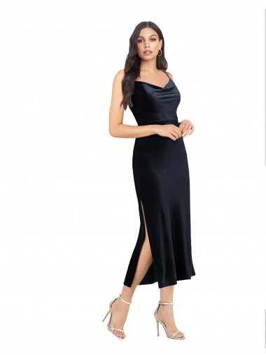 Buy Midi Cocktail Length Formal Velvet Bridesmaid Dress / Prom Dress with Cowl Neck and Spaghetti Straps UK