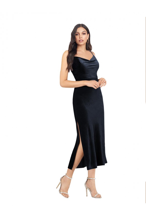 Buy Midi Cocktail Length Formal Velvet Bridesmaid Dress / Prom Dress with Cowl Neck and Spaghetti Straps UK