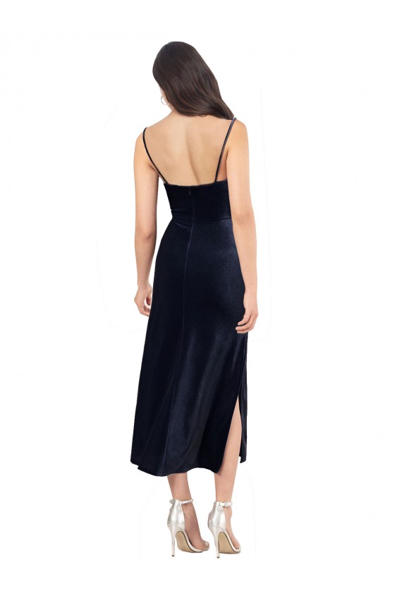 Buy Midi Cocktail Length Formal Velvet Bridesmaid Dress / Prom Dress with Cowl Neck and Spaghetti Straps UK