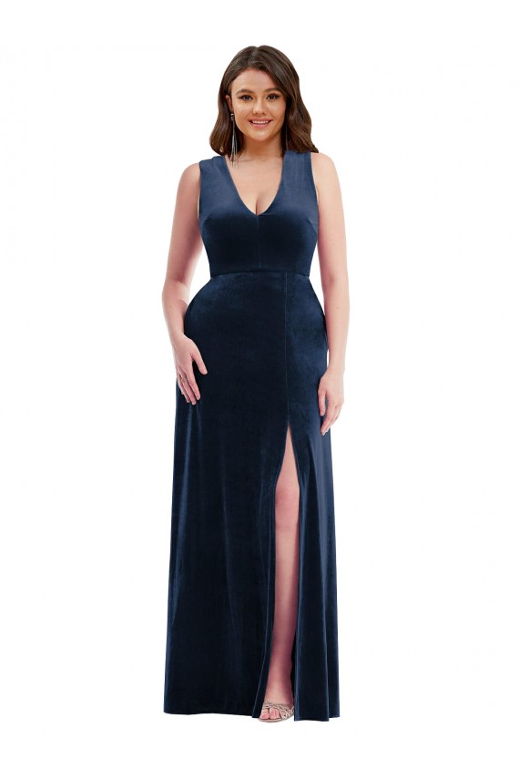 Buy Deep V-Neck Sleeveless Formal Velvet Maxi Bridesmaid Dress / Prom Dress with Pockets UK