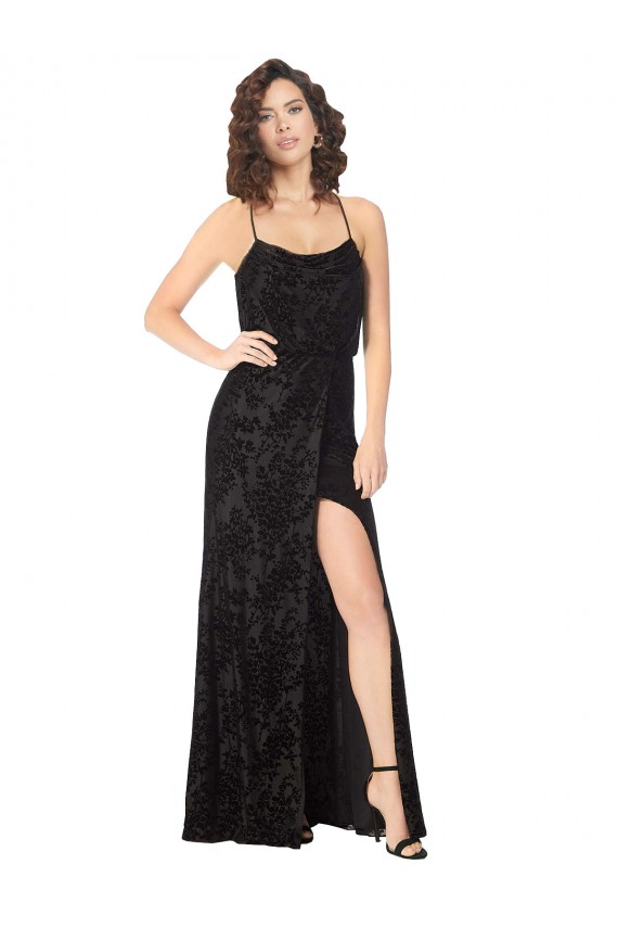 Buy Floral Velvet Cowl Neck Bridesmaid Dress with Skirt Slit UK