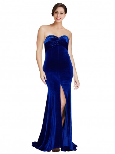 Buy Strapless Ruched Formal Velvet Bridesmaid Dress / Prom Dress with Sweep Train and Front Slit UK