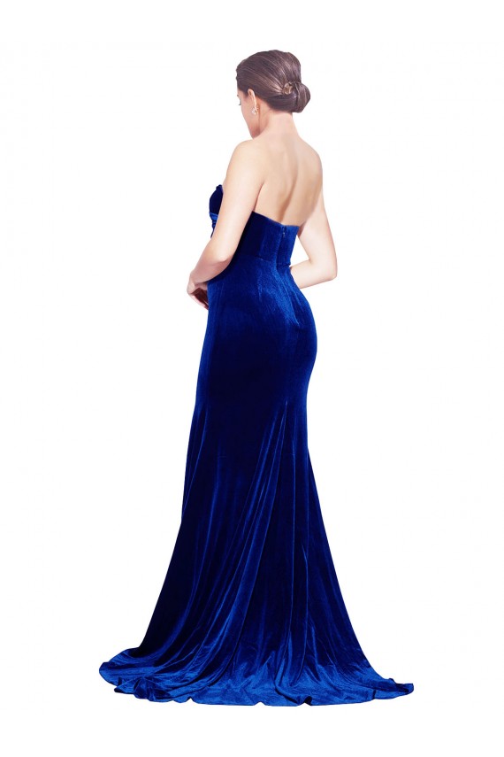Buy Strapless Ruched Formal Velvet Bridesmaid Dress / Prom Dress with Sweep Train and Front Slit UK